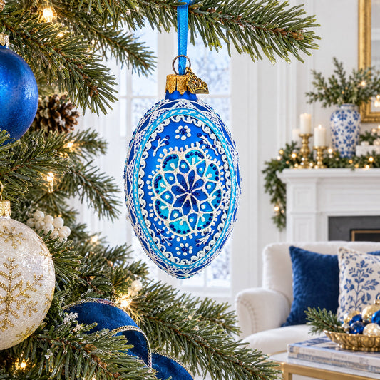 a decorated christmas tree with blue and white ornaments