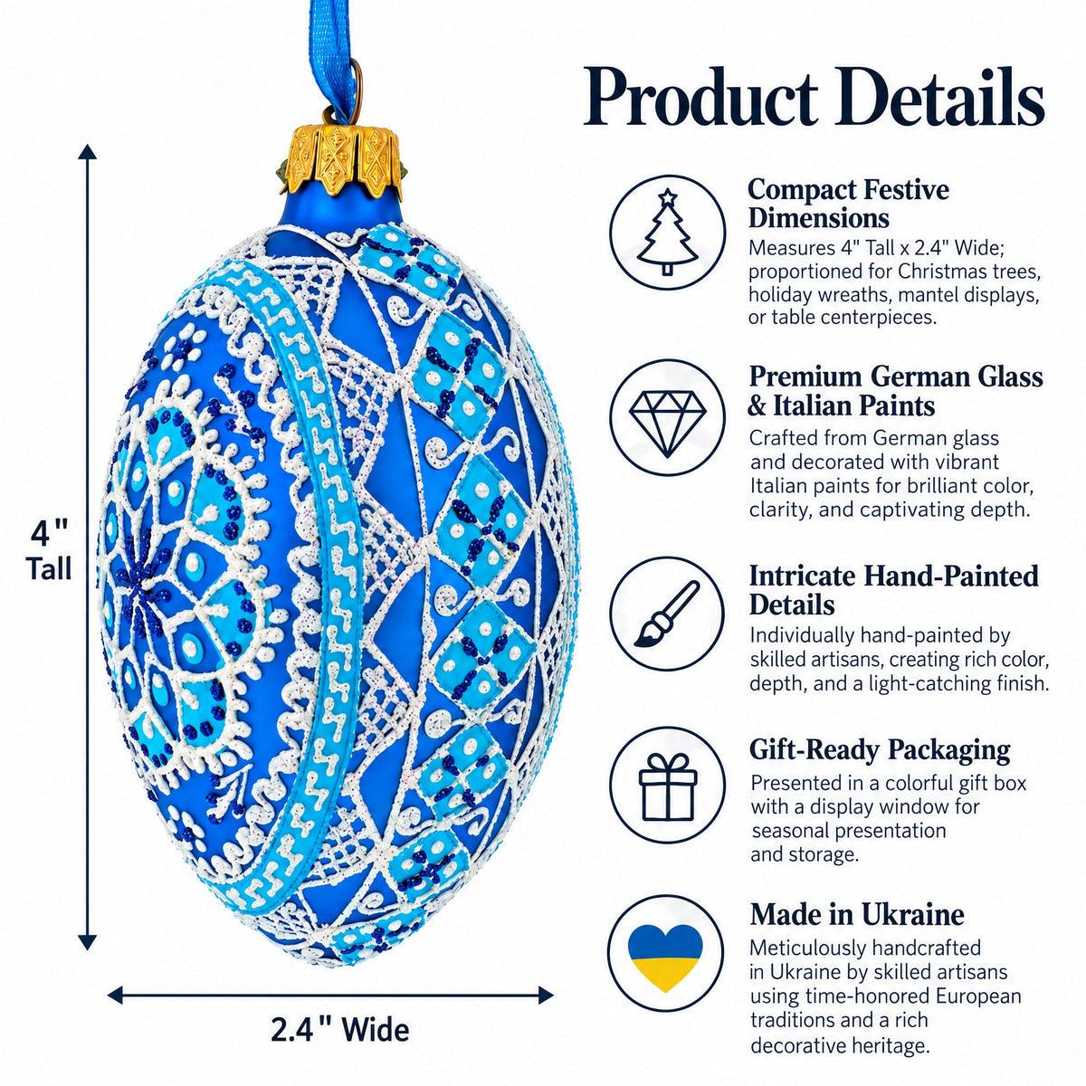 a blue and white ornament with white text