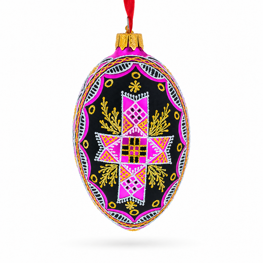 a colorful ornament with a red ribbon