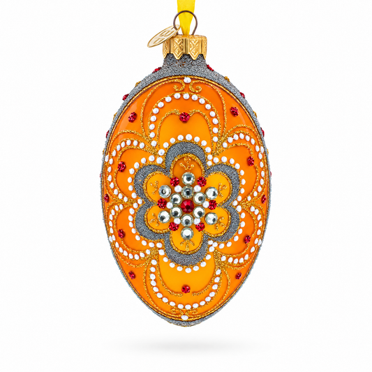 White Flower On Orange Glass Egg Ornament 4 Inches