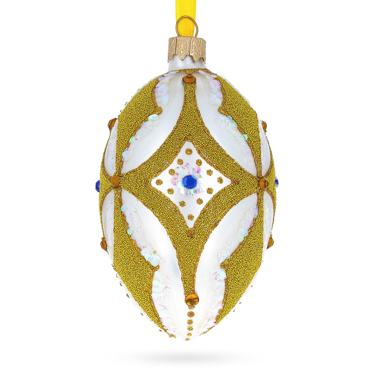 Golden Rhombus On White Glass Egg Ornament 4 Inches
