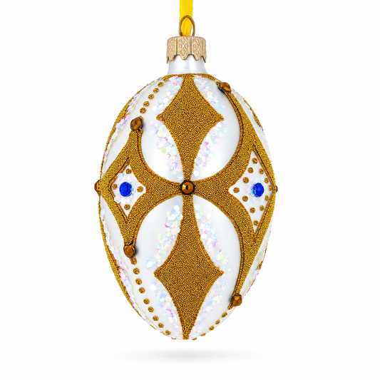 Golden Rhombus On White Glass Egg Ornament 4 Inches