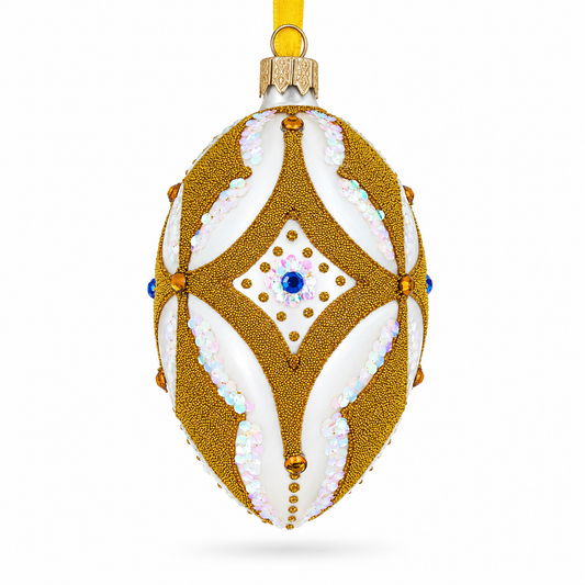Golden Rhombus On White Glass Egg Ornament 4 Inches