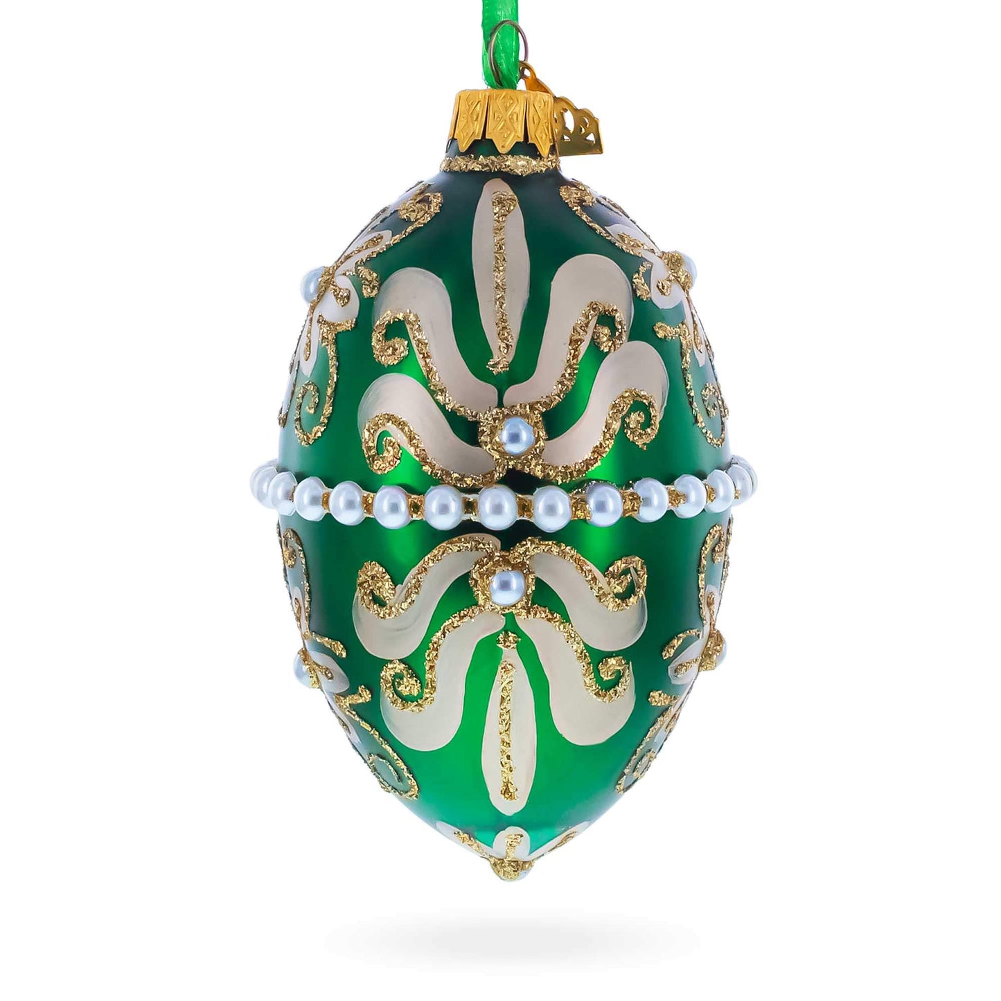 Beaded Center & Golden Flowers On Green Glass Egg Ornament 4 Inches