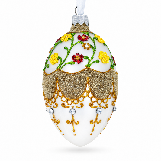 Multicolor Flowers On White Glass Egg Ornament 4 Inches