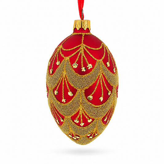 White Trellis On Red Egg Glass Ornament 4 Inches