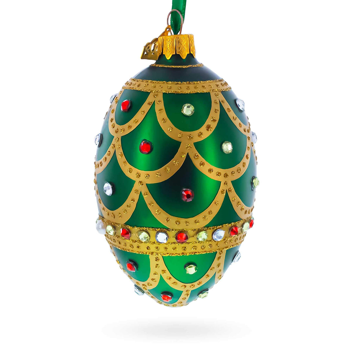 Gold Scallop on Green Jeweled Egg Glass Ornament 4 Inches