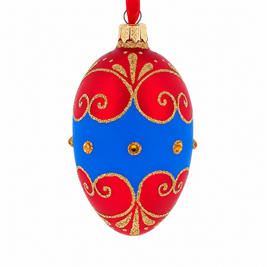 Red and Blue Jeweled Egg Glass Ornament 4 Inches