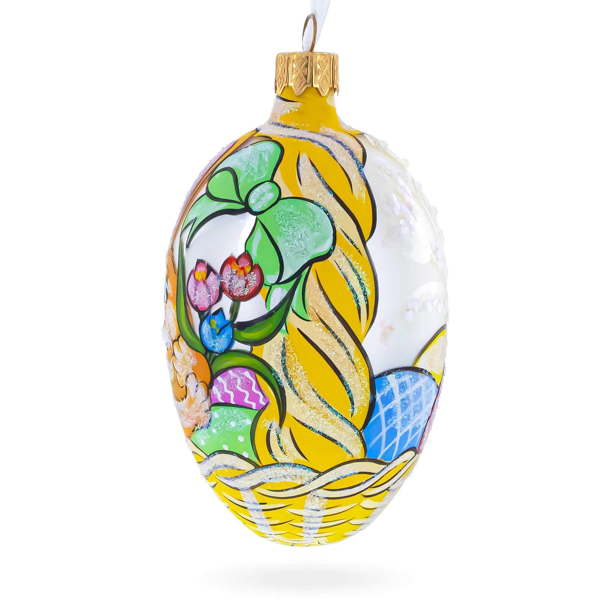 Easter Bunny in Flower Basket Glass Egg Ornament 4 Inches