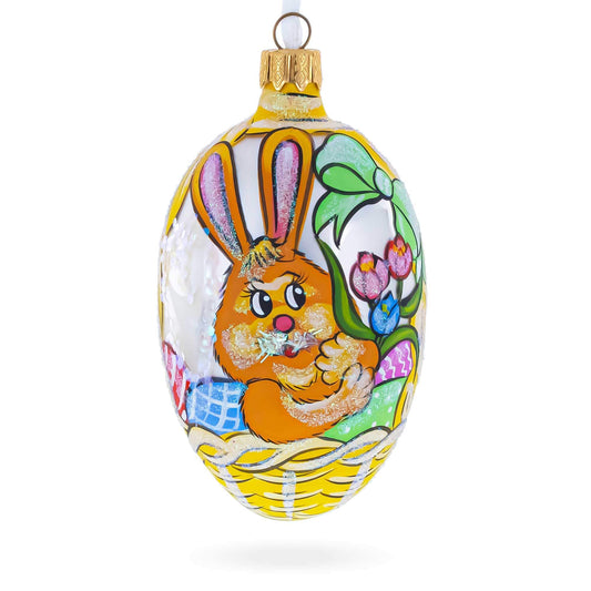Easter Bunny in Flower Basket Glass Egg Ornament 4 Inches