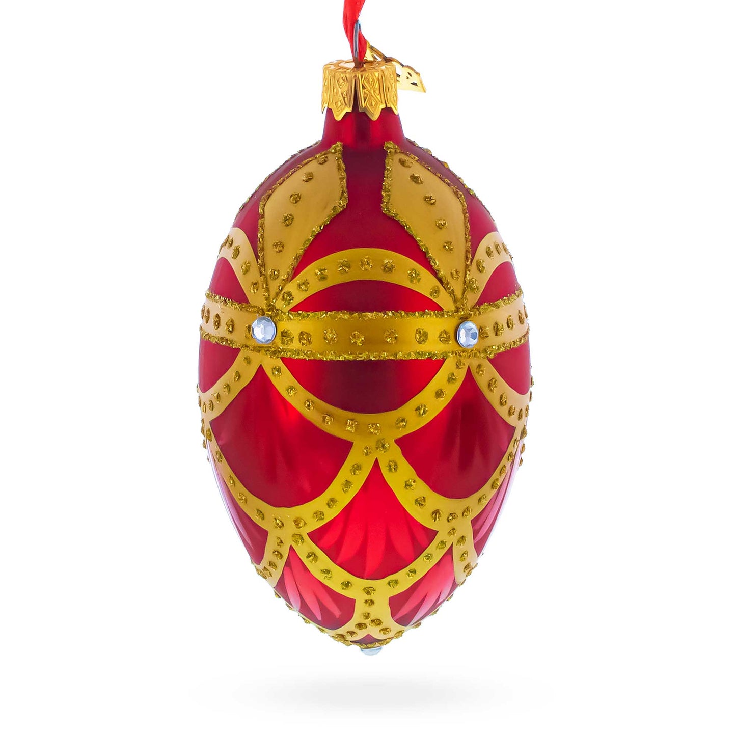 Gold Trellis on Red Egg Glass Ornament 4 Inches
