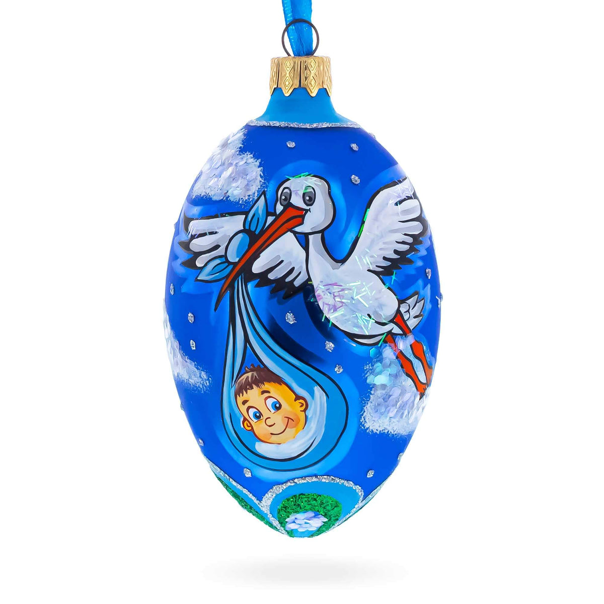 Newborn Baby Boy Egg Glass Ornament 4 Inches