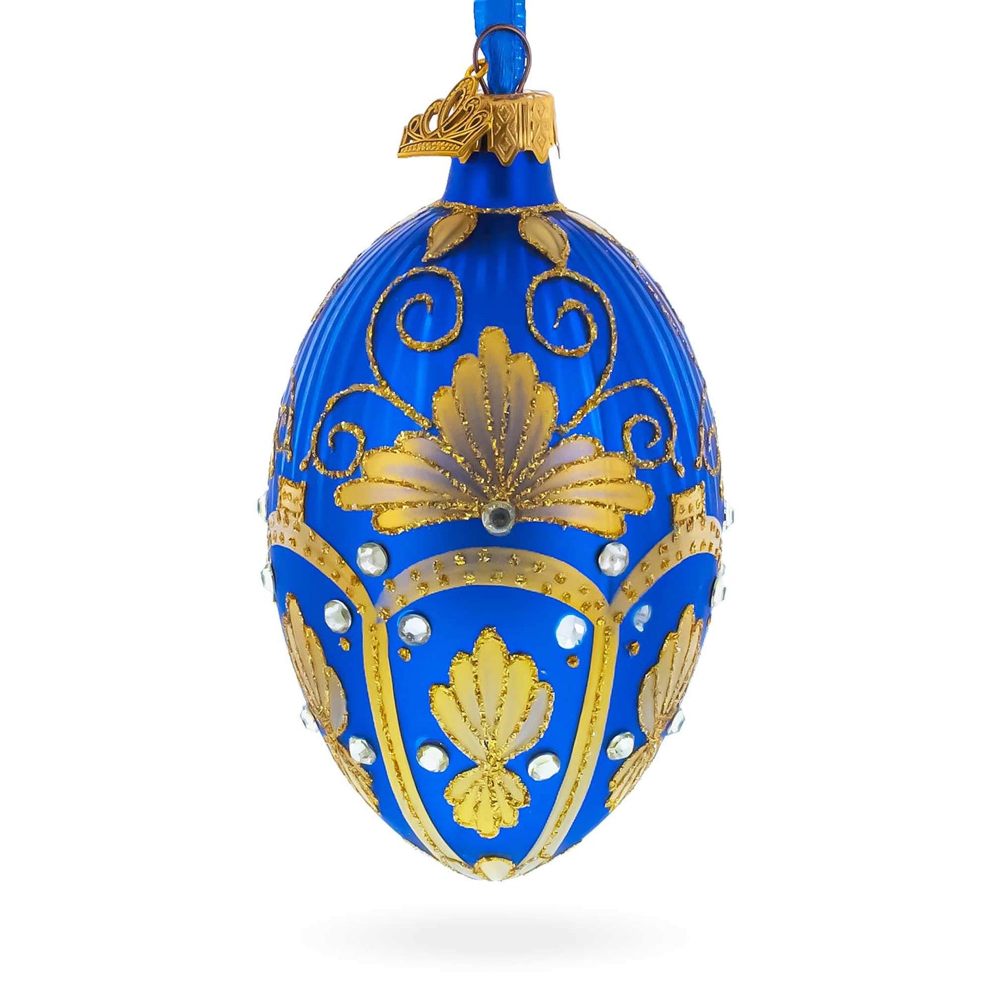 Golden Pearls on Blue Guilloche Glass Egg Christmas Ornament 4 Inches