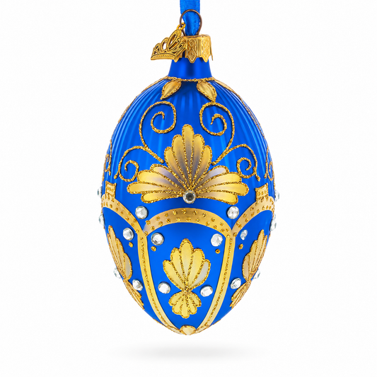 Golden Pearls on Blue Guilloche Glass Egg Christmas Ornament 4 Inches