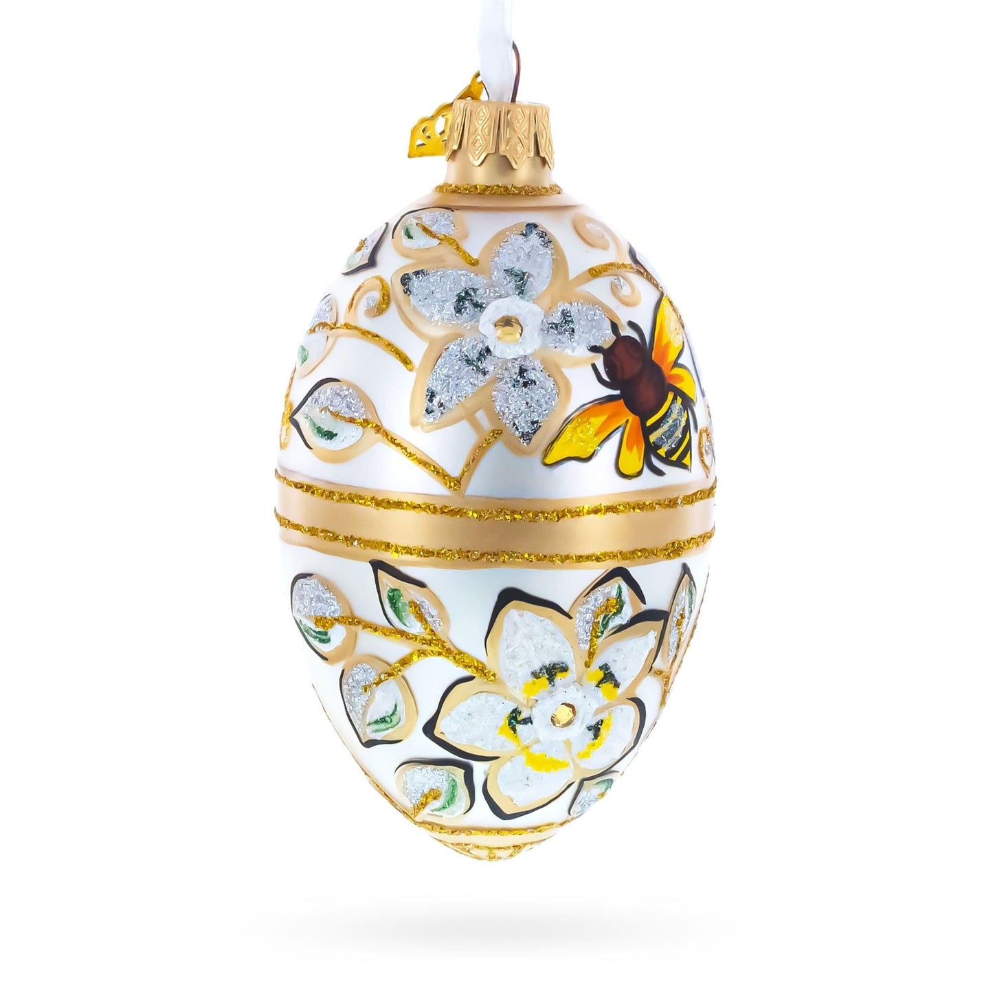 Bee On Flowers Glass Egg Ornament 4 Inches