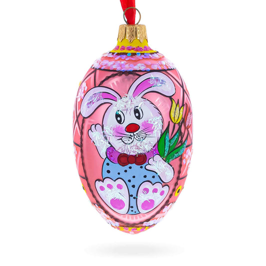 Easter Bunny With Tulips Glass Egg Ornament 4 Inches