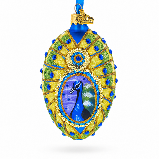 Peacock Glass Egg Ornament 4 Inches
