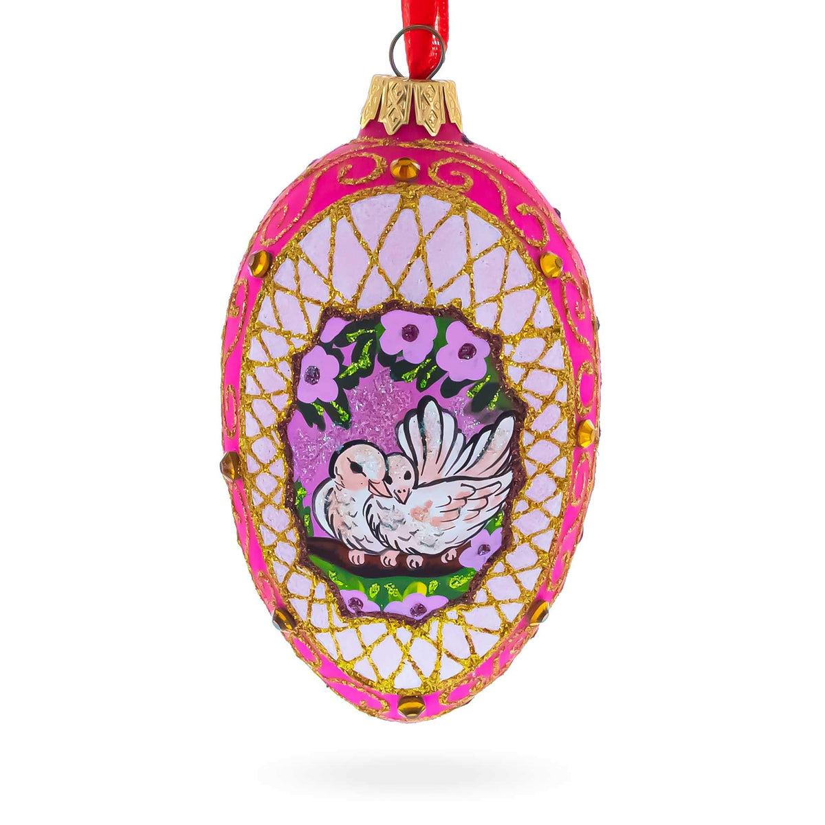Romantic Doves in Floral Glass Egg Ornament 4 Inches