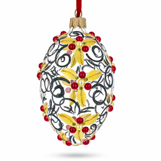 Red Berries On Clear Glass Egg Ornament 4 Inches
