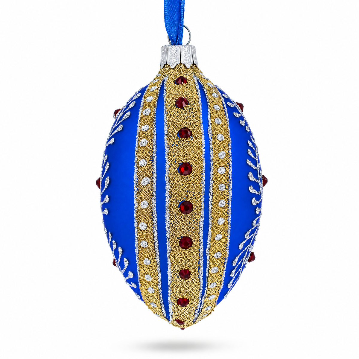 Silver on Blue Jeweled Glass Egg Ornament 4 Inches