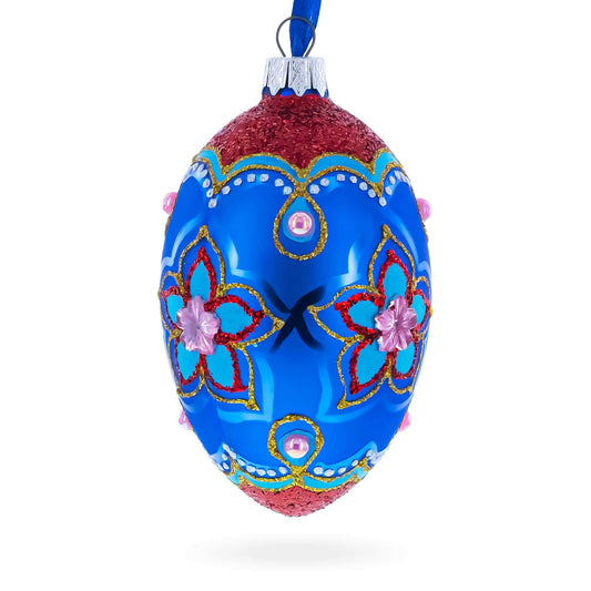 Blue Petals Flower Glass Egg Ornament 4 Inches