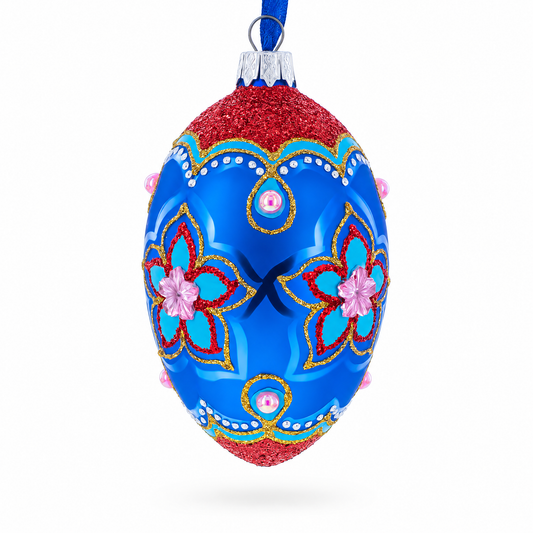 Blue Petals Flower Glass Egg Ornament 4 Inches