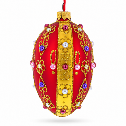 Jeweled Red Royal Inspired Glass Egg Ornament 4 Inches