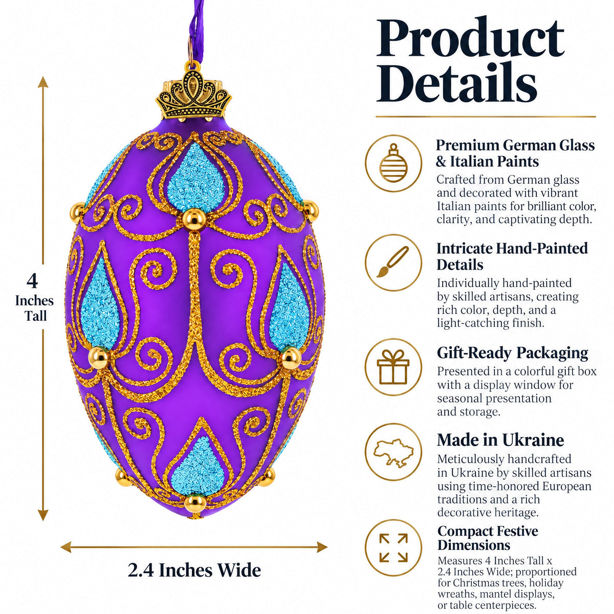 Blue Leaf on Purple Glass Egg Ornament 4 Inches