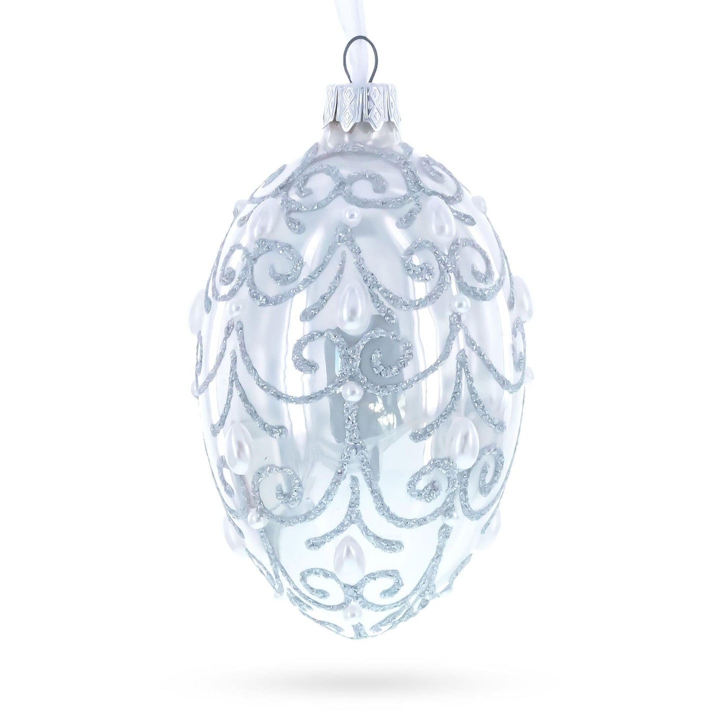 Jeweled Beads on Glossy White Glass Egg Ornament 4 Inches