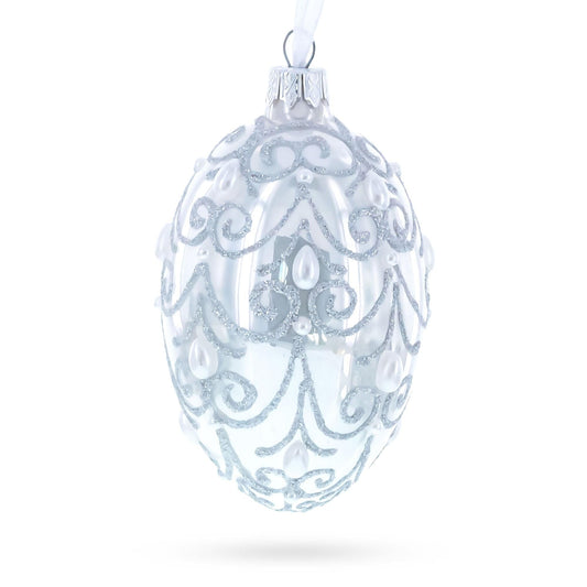 Jeweled Beads on Glossy White Glass Egg Ornament 4 Inches