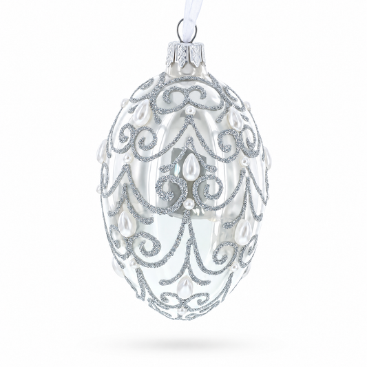 Jeweled Beads on Glossy White Glass Egg Ornament 4 Inches