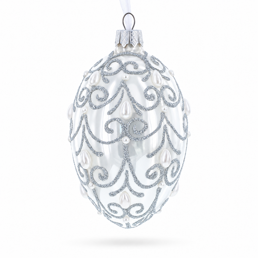 Jeweled Beads on Glossy White Glass Egg Ornament 4 Inches