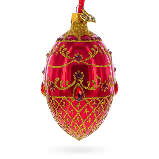 Red Jewels on Glossy Red Glass Egg Ornament 4 Inches