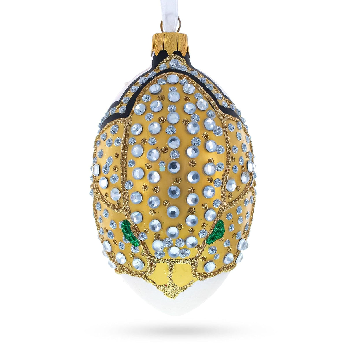Louis-Francois Designer Jeweled Panther Glass Egg Christmas Ornament 4 Inches