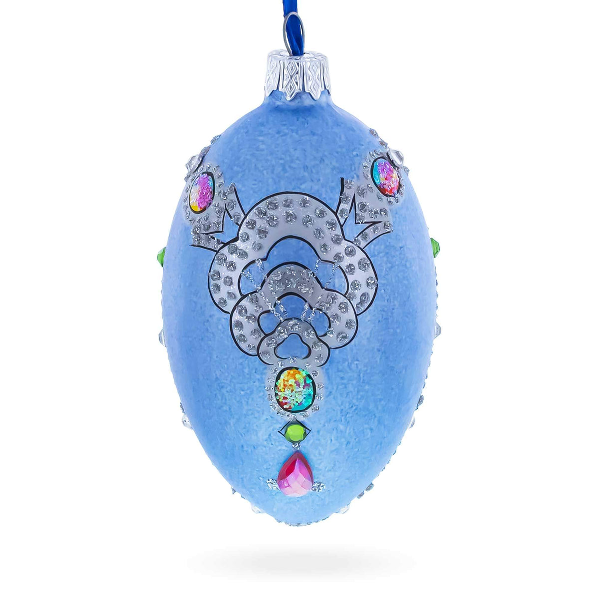 French Designer Jeweled Conquests Necklace Glass Egg Christmas Ornament 4 Inches