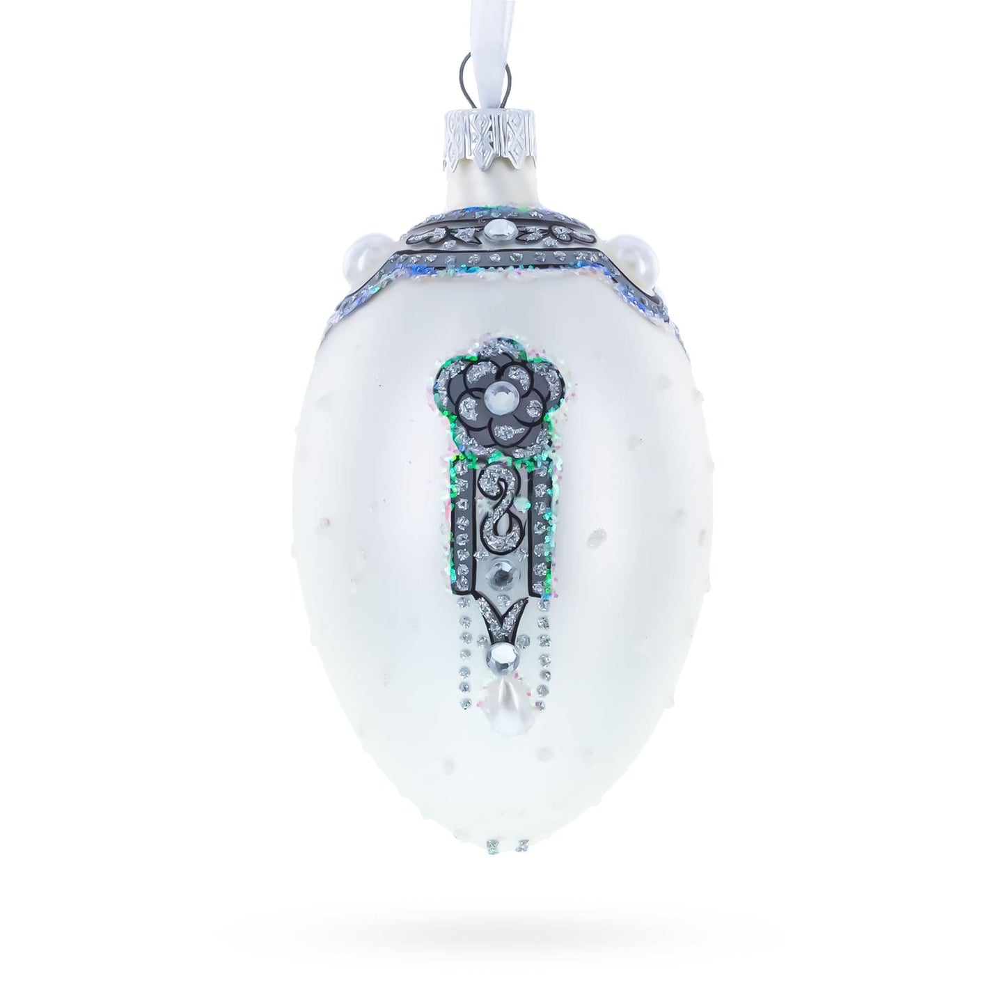 French Couturier Pearls on White Pendant Necklace Glass Egg Christmas Ornament 4 Inches