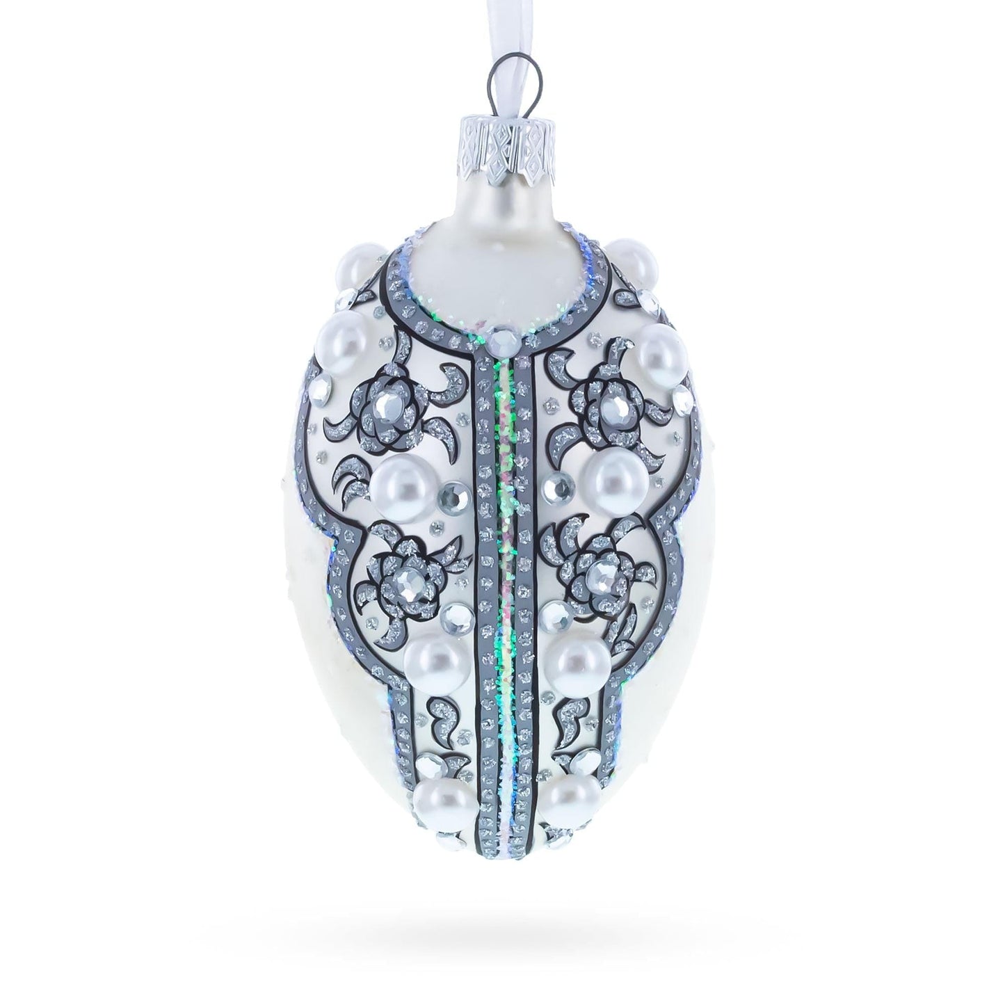 French Couturier Pearls on White Pendant Necklace Glass Egg Christmas Ornament 4 Inches