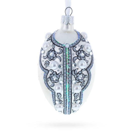 French Couturier Pearls on White Pendant Necklace Glass Egg Christmas Ornament 4 Inches