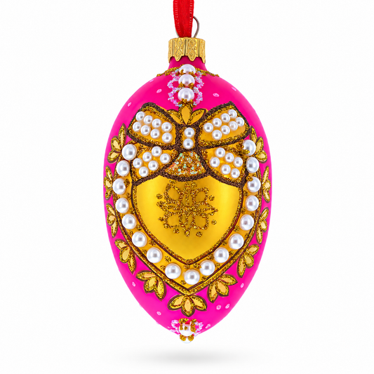Italian Fashion House Pearl Buckle on Pink Glass Egg Christmas Ornament 4 Inches