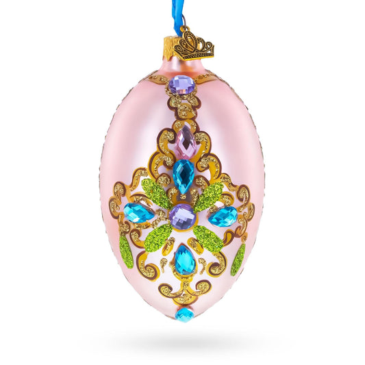 Italian Fashion House Jeweled Cross Glass Egg Christmas Ornament 4 Inches