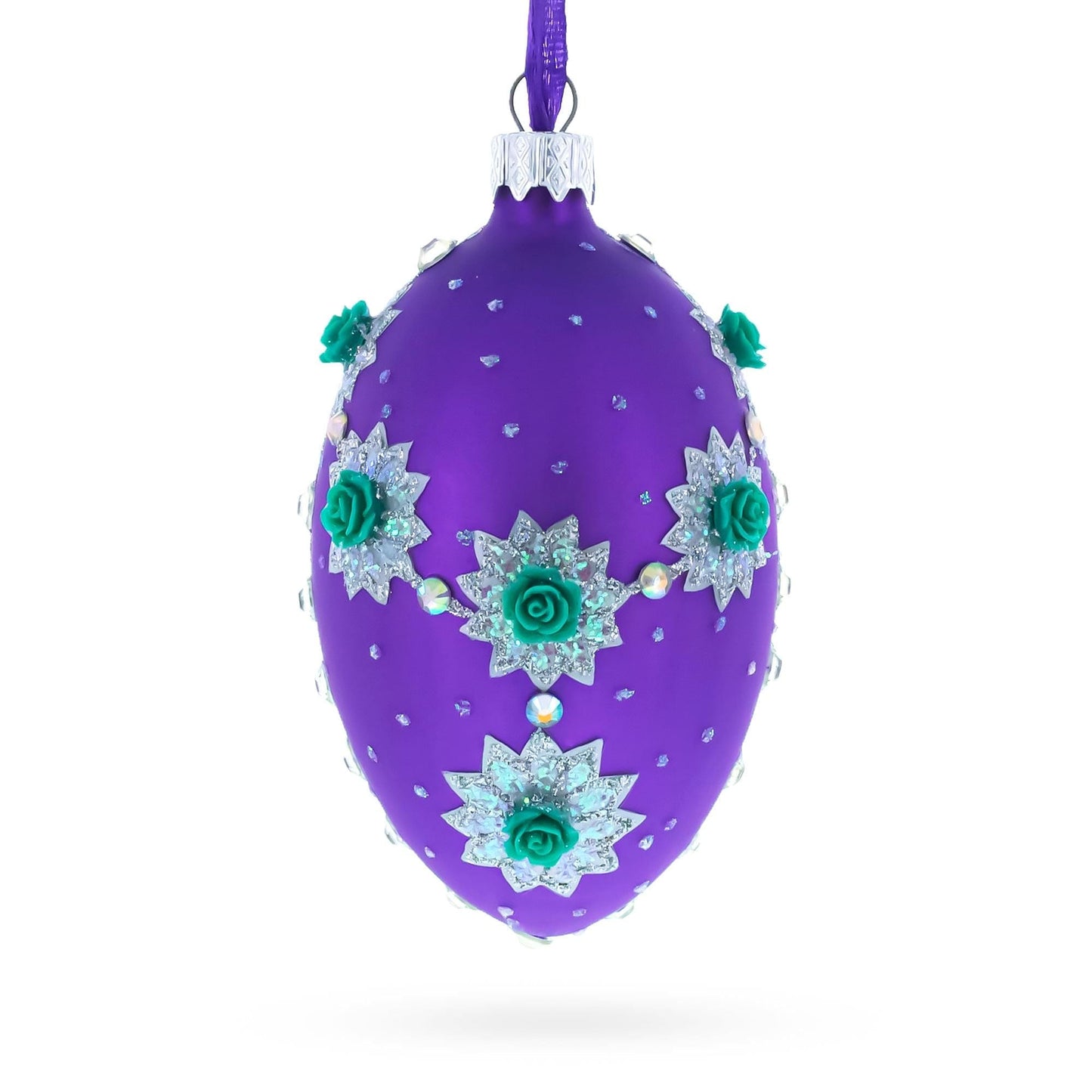 Milan Designer Intricate Jeweled Flower Necklace Glass Egg Christmas Ornament 4 Inches