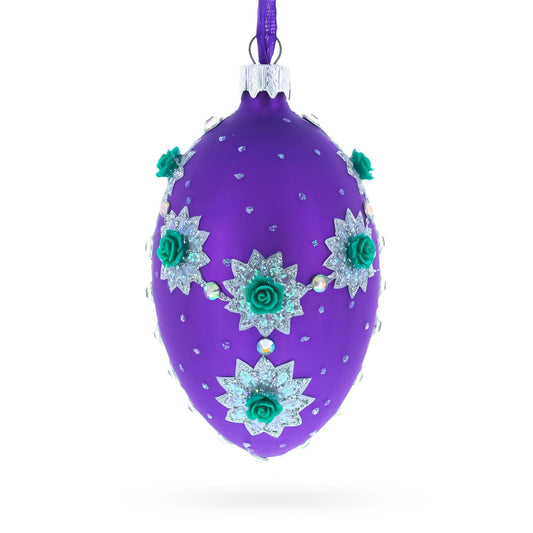 Milan Designer Intricate Jeweled Flower Necklace Glass Egg Christmas Ornament 4 Inches
