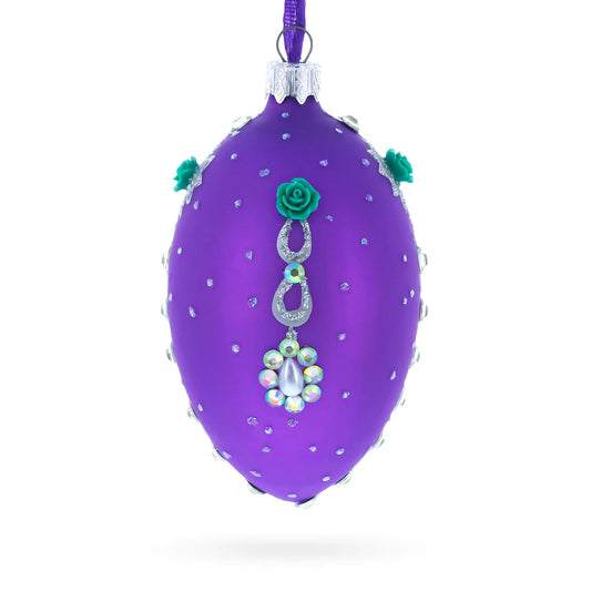 Milan Designer Intricate Jeweled Flower Necklace Glass Egg Christmas Ornament 4 Inches
