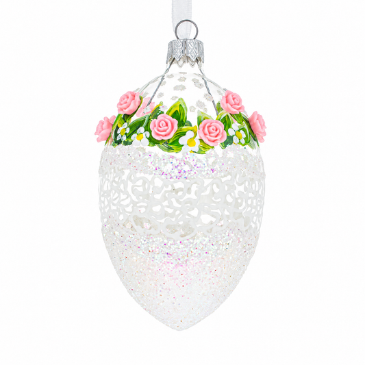 Jeweled Pink Roses Glass Egg Christmas Ornament 4 Inches