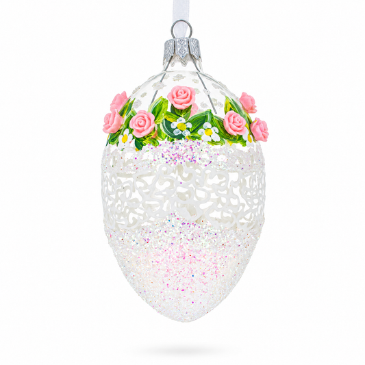 Jeweled Pink Roses Glass Egg Christmas Ornament 4 Inches