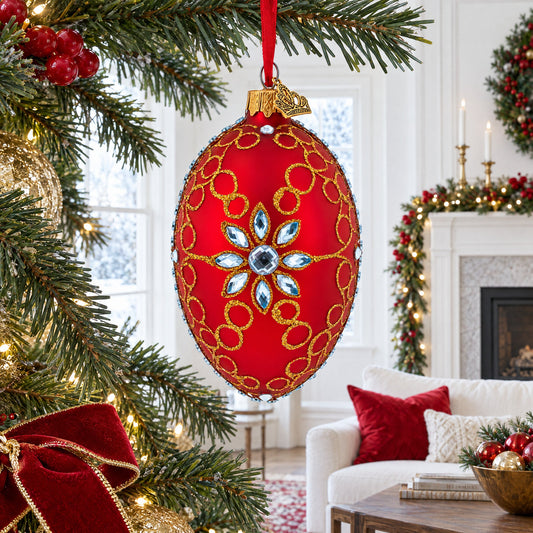 Diamond Star Red Glass Egg Christmas Ornament 4 Inches