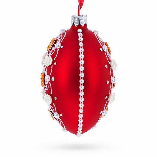 Jeweled Flowers on Red Glass Egg Christmas Ornament 4 Inches