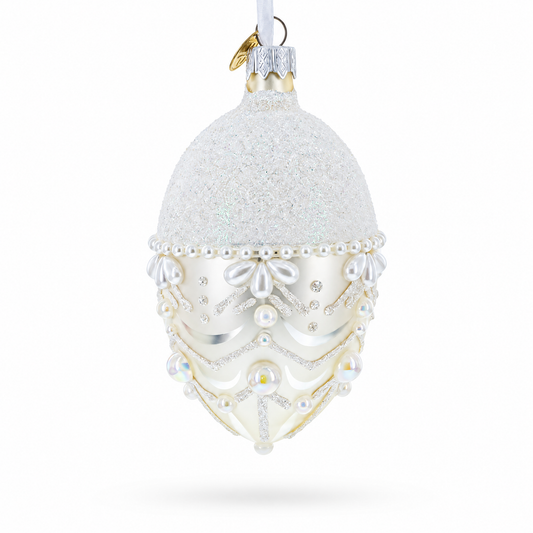 White Pearls on Frozen Glass Egg Christmas Ornament 4 Inches