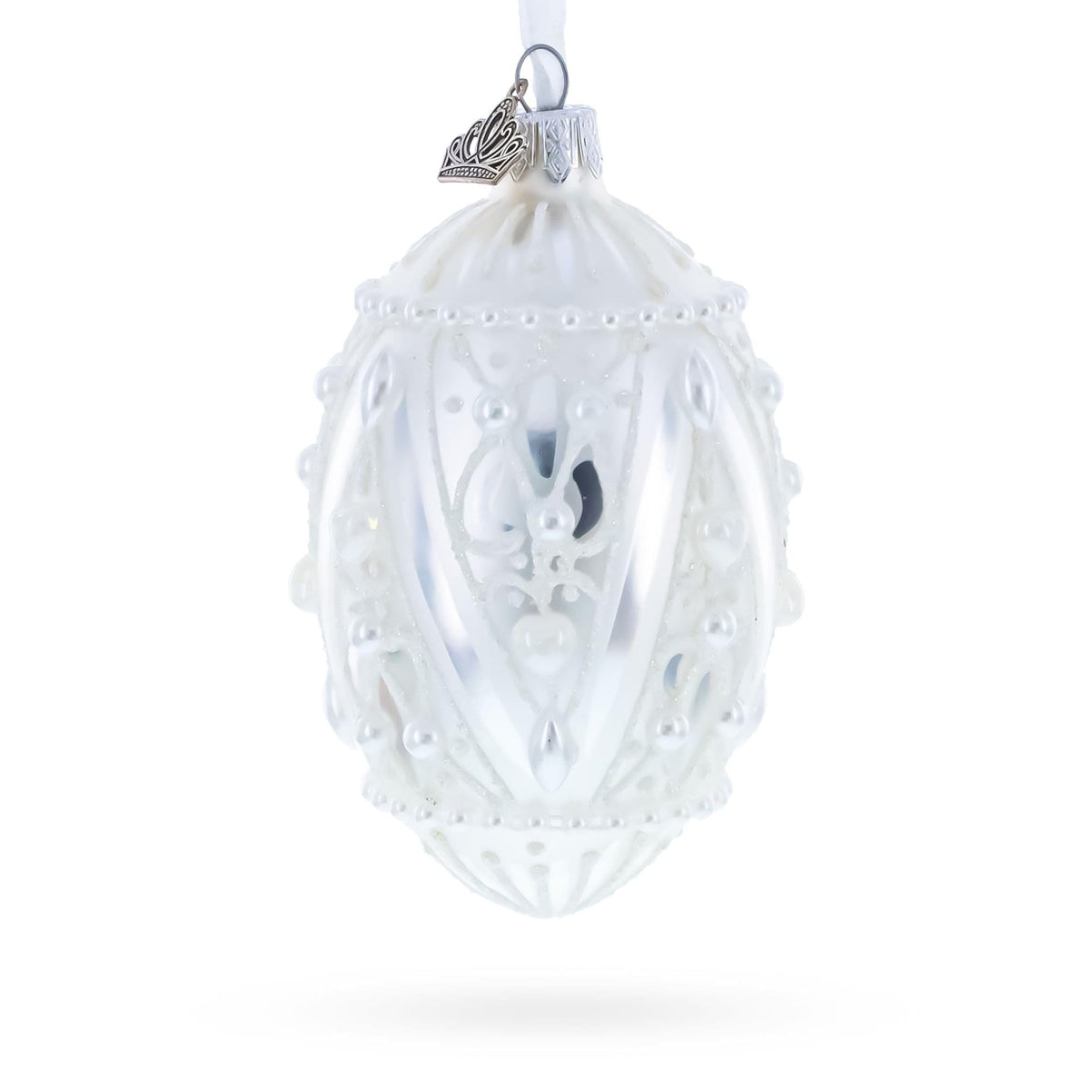 Pearlized Drops on White Glass Egg Christmas Ornament 4 Inches