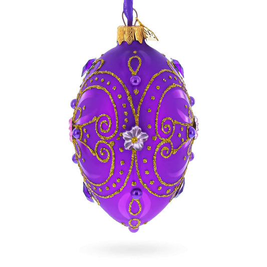 Royal Purple and Gold Glitter Scrollwork & Gem Accents Glass Egg Christmas Ornament 4 Inches